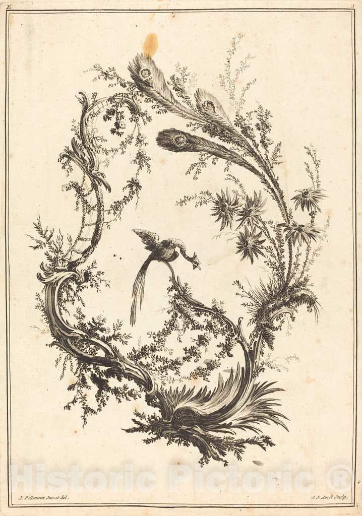 Art Print : Avril I After Pillement, Ornament with a Peacock - Vintage Wall Art