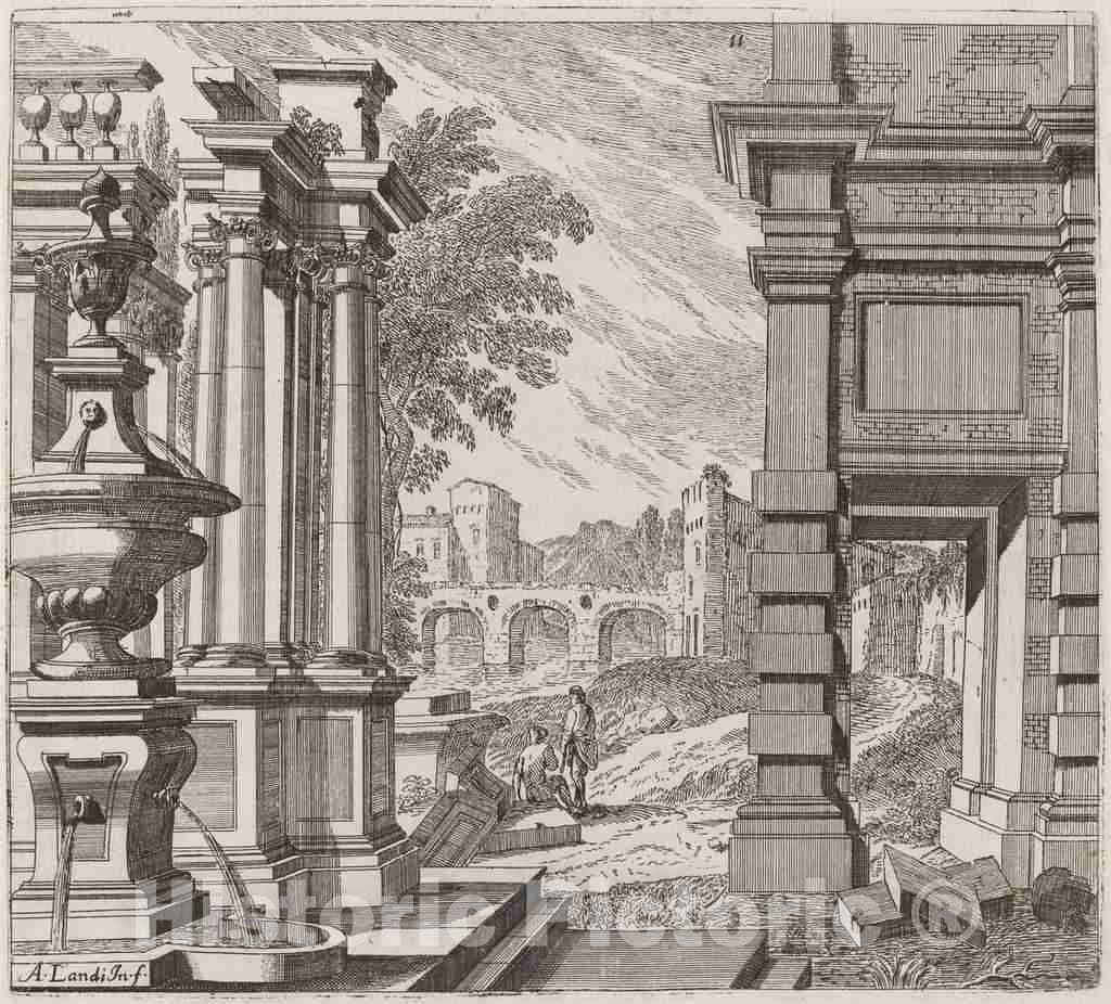 Art Print : Landi, Architectural Fantasy with a Fountain, Classical Ruins, and a Bridge, Before 1753 - Vintage Wall Art