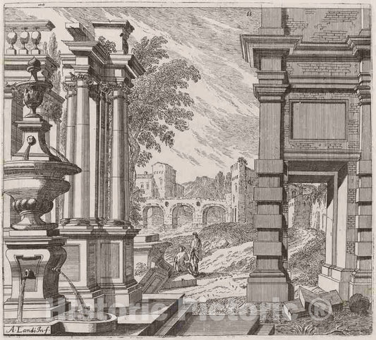 Art Print : Landi, Architectural Fantasy with a Fountain, Classical Ruins, and a Bridge, Before 1753 - Vintage Wall Art