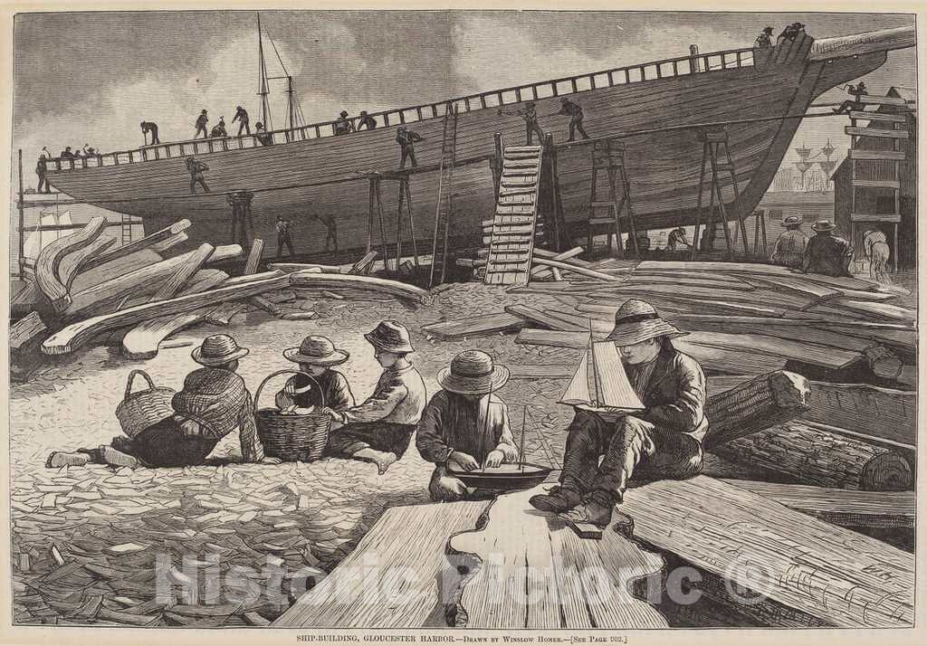Art Print : Homer, Ship-Building, Gloucester Harbor, 1873 - Vintage Wall Art