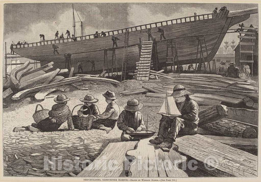 Art Print : Homer, Ship-Building, Gloucester Harbor, 1873 - Vintage Wall Art