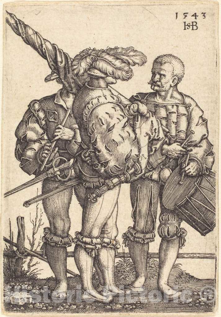 Art Print : Sebald Beham, Standard Bearer, Drummer, and Piper, 1543 - Vintage Wall Art