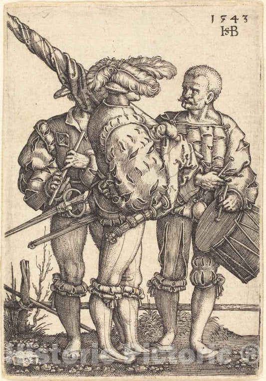 Art Print : Sebald Beham, Standard Bearer, Drummer, and Piper, 1543 - Vintage Wall Art