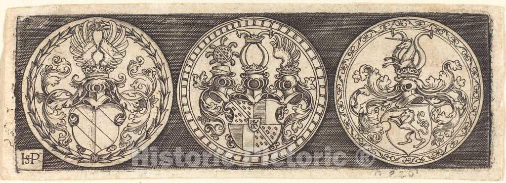 Art Print : Sebald Beham, Three Medals with Coats of Arms - Vintage Wall Art