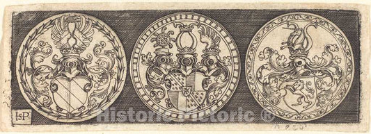 Art Print : Sebald Beham, Three Medals with Coats of Arms - Vintage Wall Art