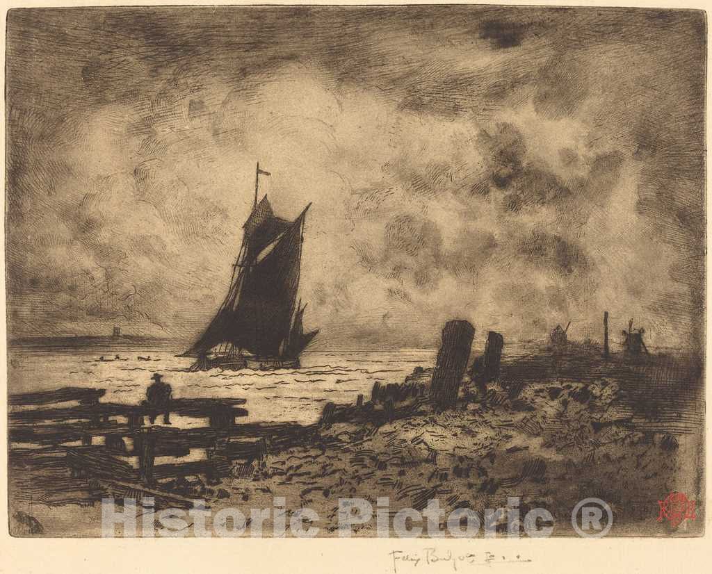 Art Print : FÃ©lix-Hilaire Buhot, La Petite Marine - Souvenir de Medway, 1879 - Vintage Wall Art