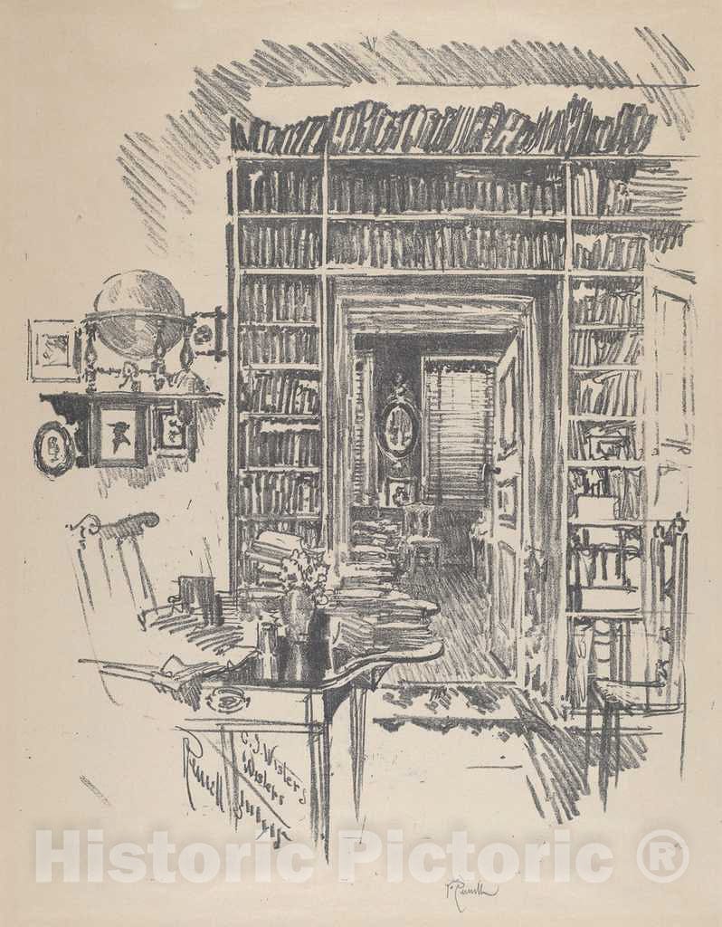 Art Print : Joseph Pennell, Book-Room at Dr. Wister's, 1912 - Vintage Wall Art
