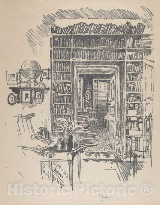 Art Print : Joseph Pennell, Book-Room at Dr. Wister's, 1912 - Vintage Wall Art