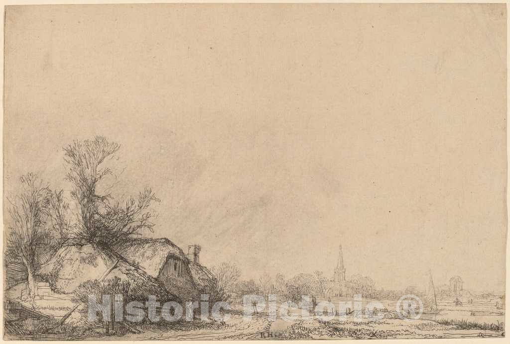 Art Print : Rembrandt, Cottage Beside a Canal, c. 1645 - Vintage Wall Art