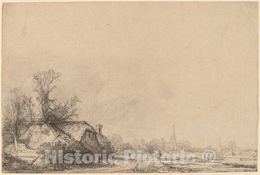 Art Print : Rembrandt, Cottage Beside a Canal, c. 1645 - Vintage Wall Art