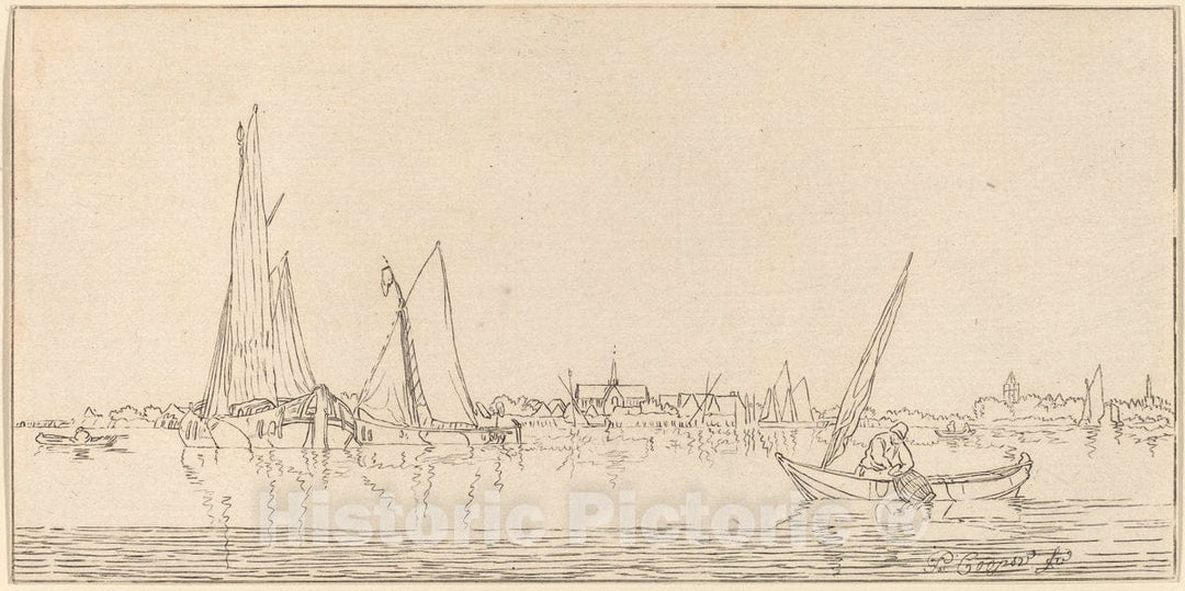 Art Print : Amstel and Schreuder After Coopse, River with Town, 1775 - Vintage Wall Art