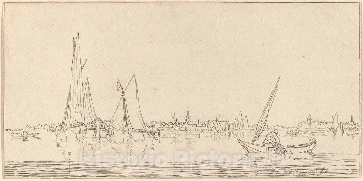 Art Print : Amstel and Schreuder After Coopse, River with Town, 1775 - Vintage Wall Art