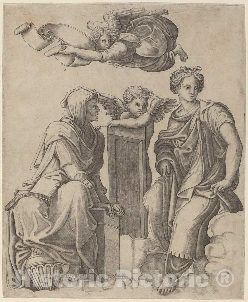 Art Print : Brescia After Raphael, Two Sibyls and an Angel, c.1523 - Vintage Wall Art