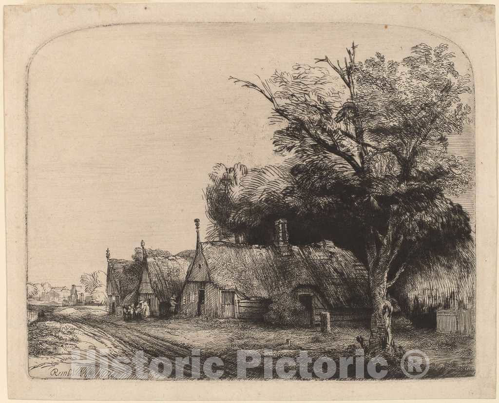 Art Print : Rembrandt, Landscape with Three Gabled Cottages Beside a Road, 1650 - Vintage Wall Art