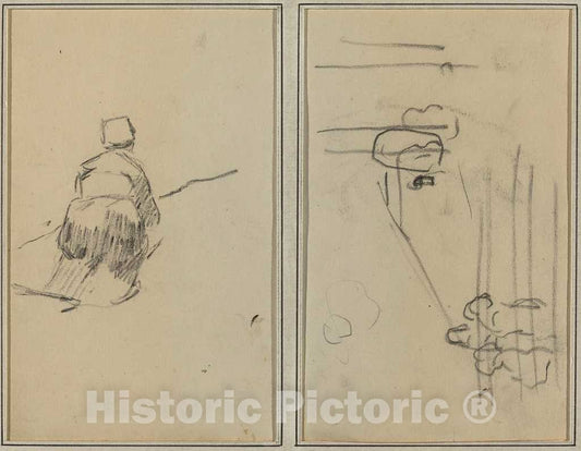Art Print : Paul Gauguin, A Breton Woman Walking; Sketch with Stairs [Verso], 1884-1888 - Vintage Wall Art
