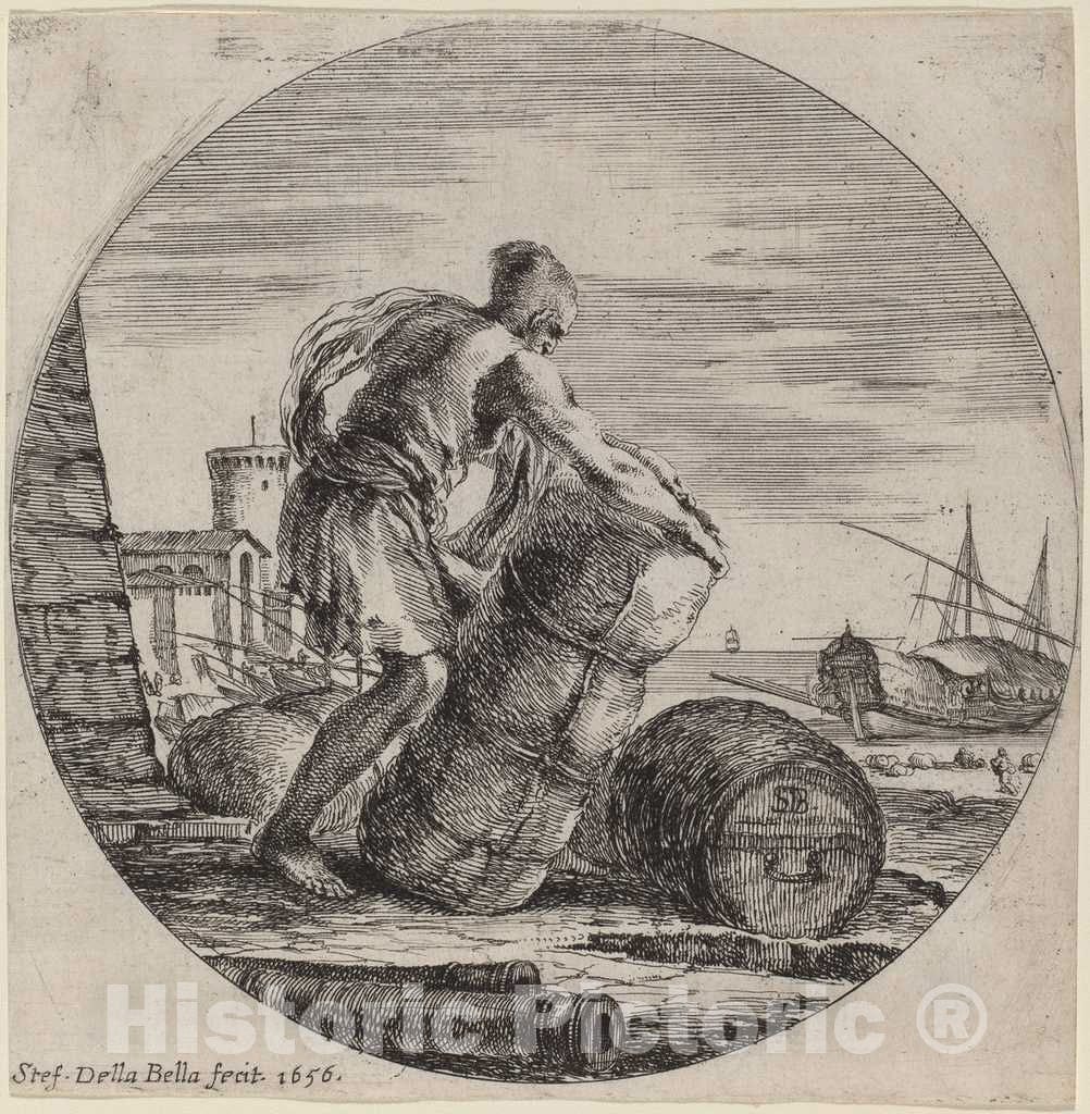 Art Print : Stefano Della Bella, Galley Slave Hauling a Ship's Cargo, 1656 - Vintage Wall Art