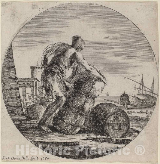 Art Print : Stefano Della Bella, Galley Slave Hauling a Ship's Cargo, 1656 - Vintage Wall Art