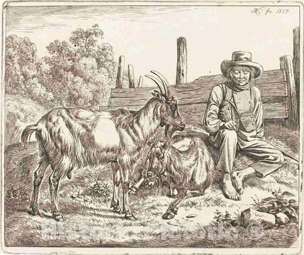 Art Print : Johann Adam Klein, Shepherd Boy with Two Goats, 1817 - Vintage Wall Art
