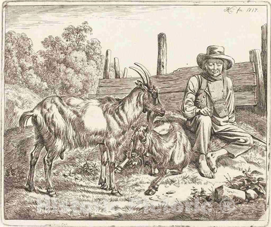 Art Print : Johann Adam Klein, Shepherd Boy with Two Goats, 1817 - Vintage Wall Art