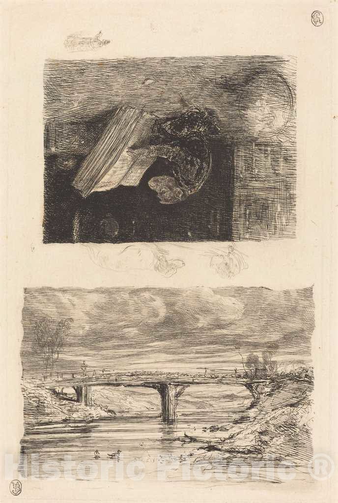 Art Print : Alexandre-Gabriel Decamps, River Landscape with a Bridge; Monkey Paging Through a Book, c.1833 - Vintage Wall Art