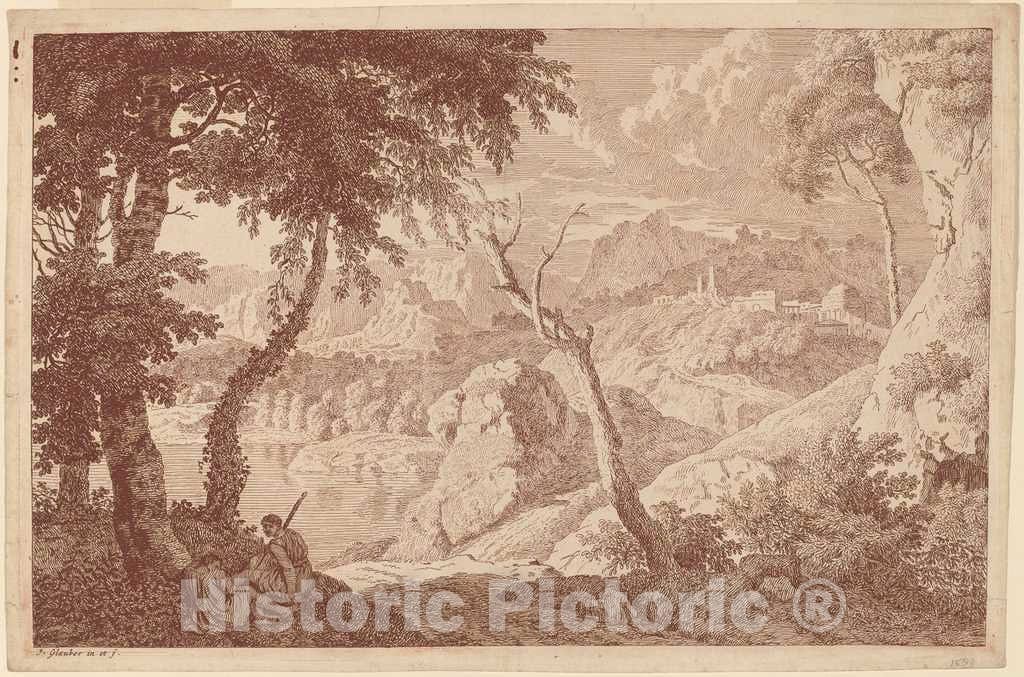 Art Print : Johannes Glauber, Mountain Landscape with Two Men Resting - Vintage Wall Art