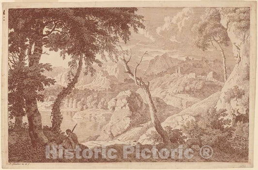 Art Print : Johannes Glauber, Mountain Landscape with Two Men Resting - Vintage Wall Art