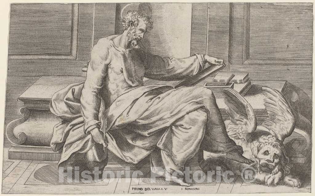 Art Print : Bonasone After Perino del Vaga, Saint Mark Writing His Gospels - Vintage Wall Art