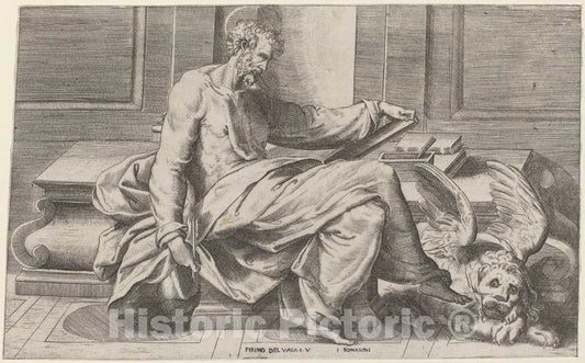 Art Print : Bonasone After Perino del Vaga, Saint Mark Writing His Gospels - Vintage Wall Art