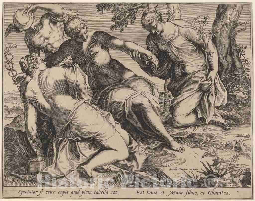 Art Print : Carracci After Jacopo Tintoretto, Mercury and The Three Graces, 1589 - Vintage Wall Art