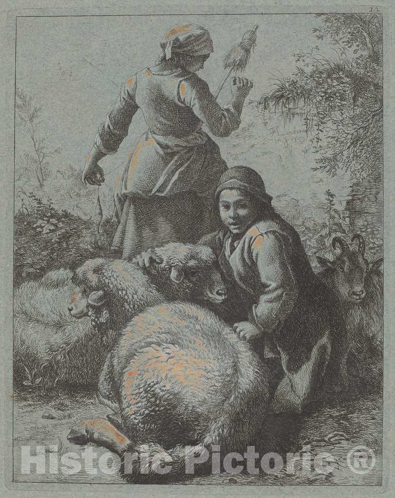 Art Print : Francesco Londonio, Woman Spinner and a Shepherd with Flock, c.1759 - Vintage Wall Art