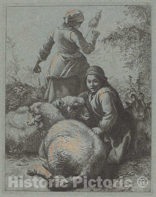 Art Print : Francesco Londonio, Woman Spinner and a Shepherd with Flock, c.1759 - Vintage Wall Art