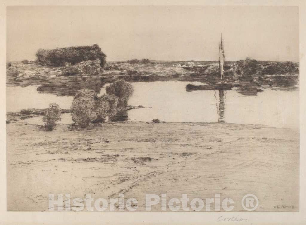 Art Print : Charles A. Platt, Untitled (River Scene with Boat), 1891 - Vintage Wall Art