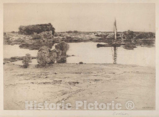 Art Print : Charles A. Platt, Untitled (River Scene with Boat), 1891 - Vintage Wall Art