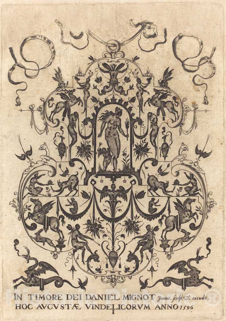 Art Print : Daniel Mignot, Title Page: Large Pendant, Venus and Amor at Centre, 1596 - Vintage Wall Art