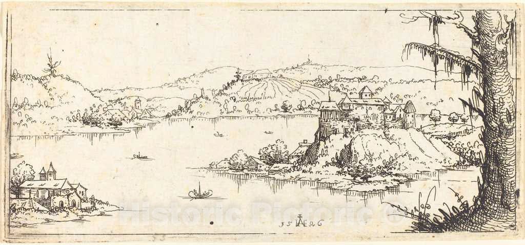 Art Print : Augustin Hirschvogel, Landscape with a Large Lake at Center, 1546 - Vintage Wall Art