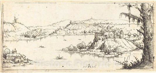 Art Print : Augustin Hirschvogel, Landscape with a Large Lake at Center, 1546 - Vintage Wall Art