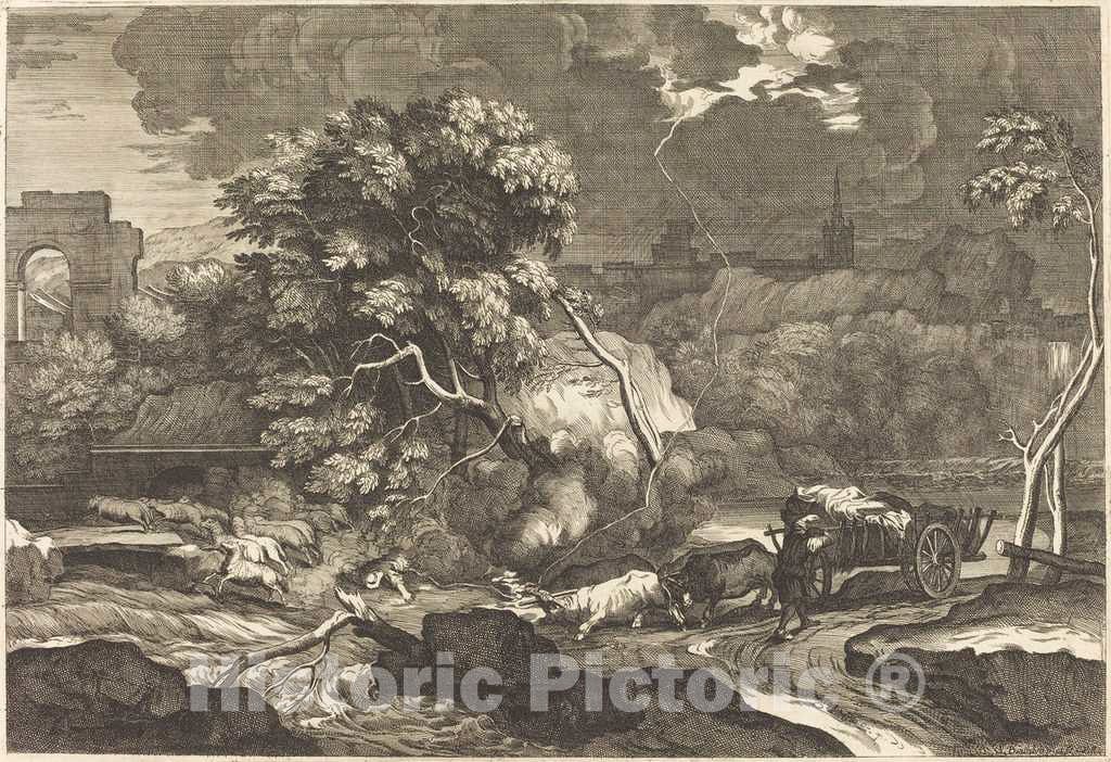 Art Print : SÃ©bastien Bourdon, Landscape with a Frightened Waggoner - Vintage Wall Art
