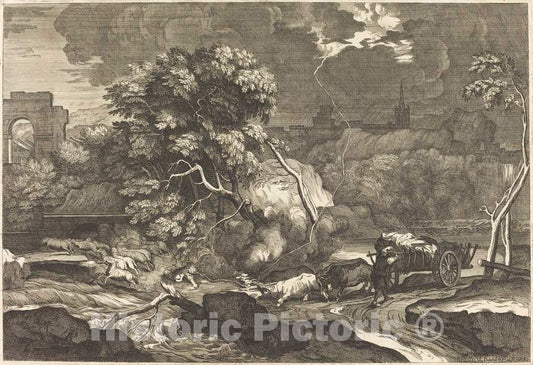 Art Print : SÃ©bastien Bourdon, Landscape with a Frightened Waggoner - Vintage Wall Art