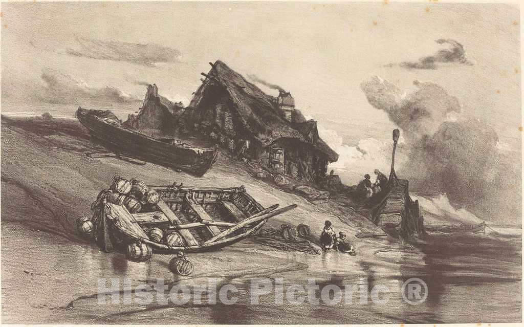 Art Print : EugÃ¨ne Isabey, ChaumiÃ¨res de pÃªcheurs, c. 1844 - Vintage Wall Art