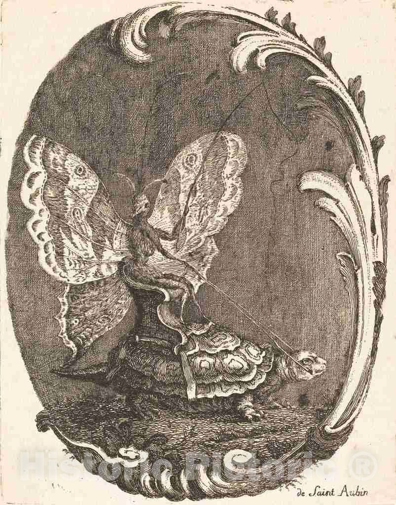 Art Print : Charles Germain de Saint-Aubin, Le Papillon et la Tortue (The Butterfly and The Turtle), in or After 1756 - Vintage Wall Art