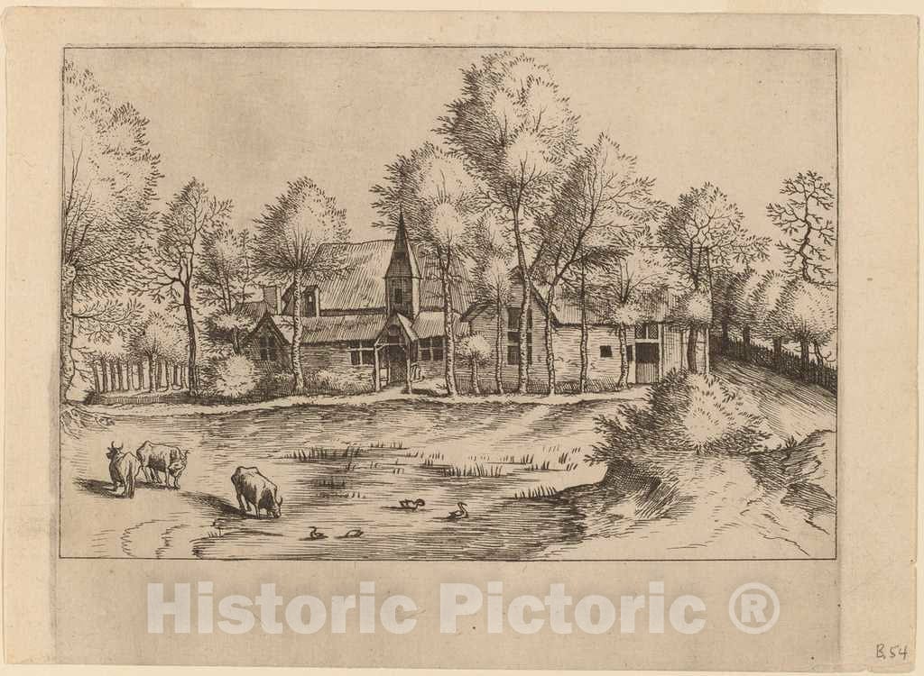Art Print : Doetechum, Country Village with Church, c.1560 - Vintage Wall Art