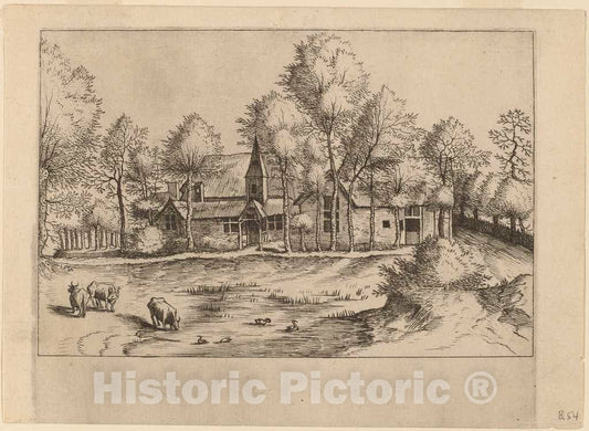 Art Print : Doetechum, Country Village with Church, c.1560 - Vintage Wall Art
