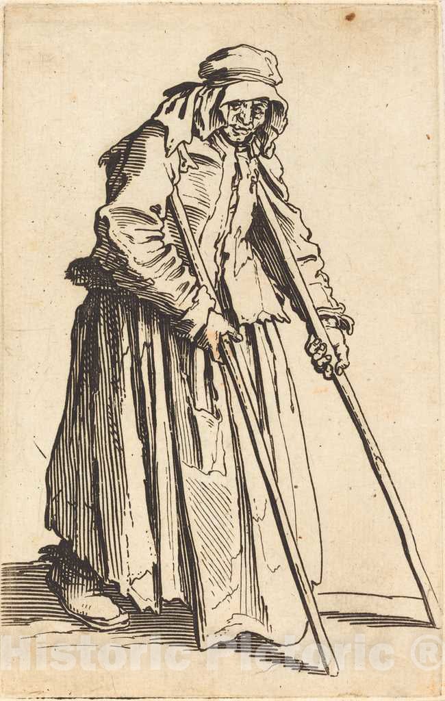 Art Print : Jacques Callot, Beggar Woman with Crutches, c. 1622 - Vintage Wall Art