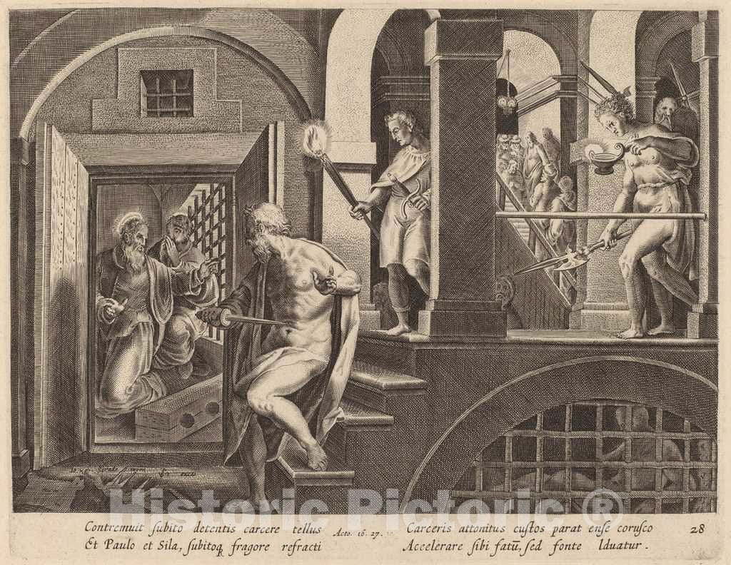 Art Print : Galle After Jan Van der Straet, The Jailer About to Kill Himself, Converted by Saint Paul - Vintage Wall Art