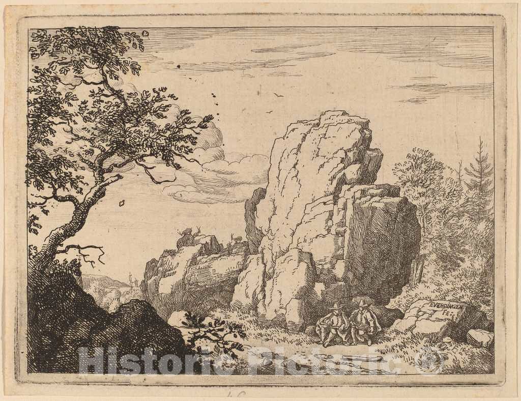 Art Print : Allart Van Everdingen, Two Men Seated at The Foot of a High Rock, c.1651 - Vintage Wall Art