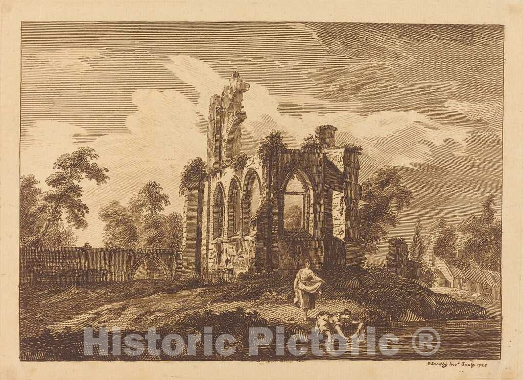Art Print : Sandby, Landscape with Ruin, Two Women in Foreground, 1758 - Vintage Wall Art