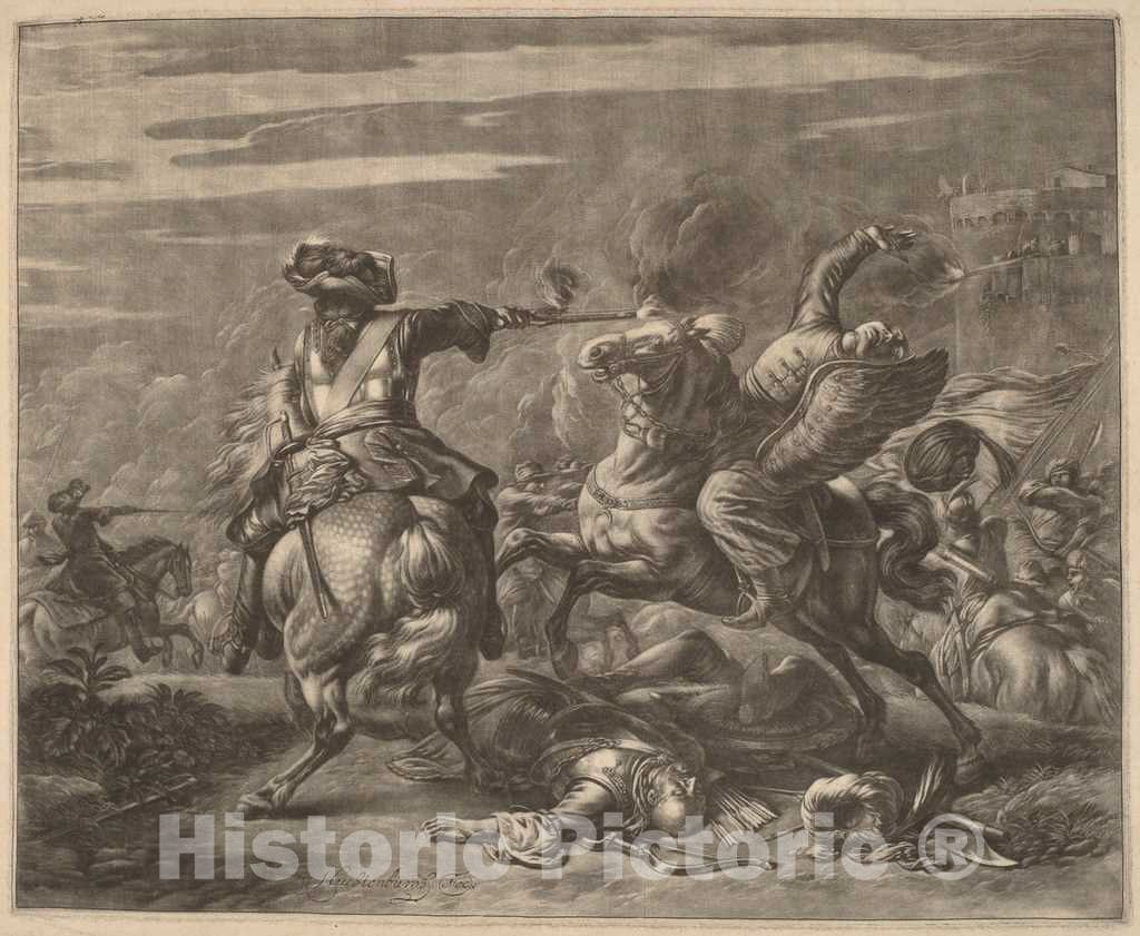 Art Print : Jan Van Huchtenburgh, A Horseman Shooting a Turk from His Horse - Vintage Wall Art