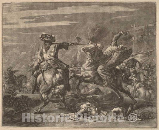 Art Print : Jan Van Huchtenburgh, A Horseman Shooting a Turk from His Horse - Vintage Wall Art