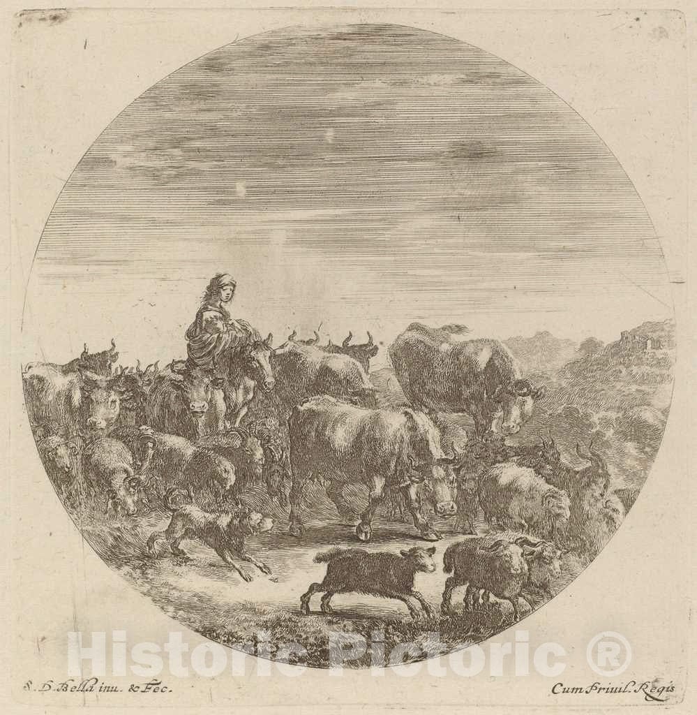 Art Print : Stefano Della Bella, Peasant Seated on a Horse with Cows, Sheep, and Goats - Vintage Wall Art