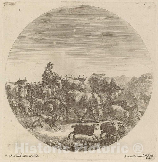 Art Print : Stefano Della Bella, Peasant Seated on a Horse with Cows, Sheep, and Goats - Vintage Wall Art